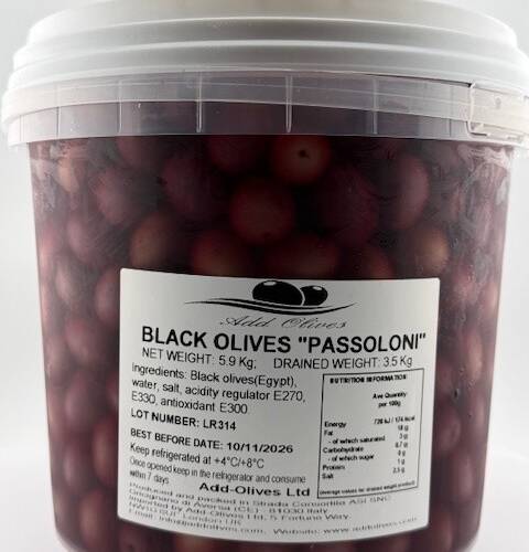 Natural Black Passoloni whole olives in brine 3.5kg DW